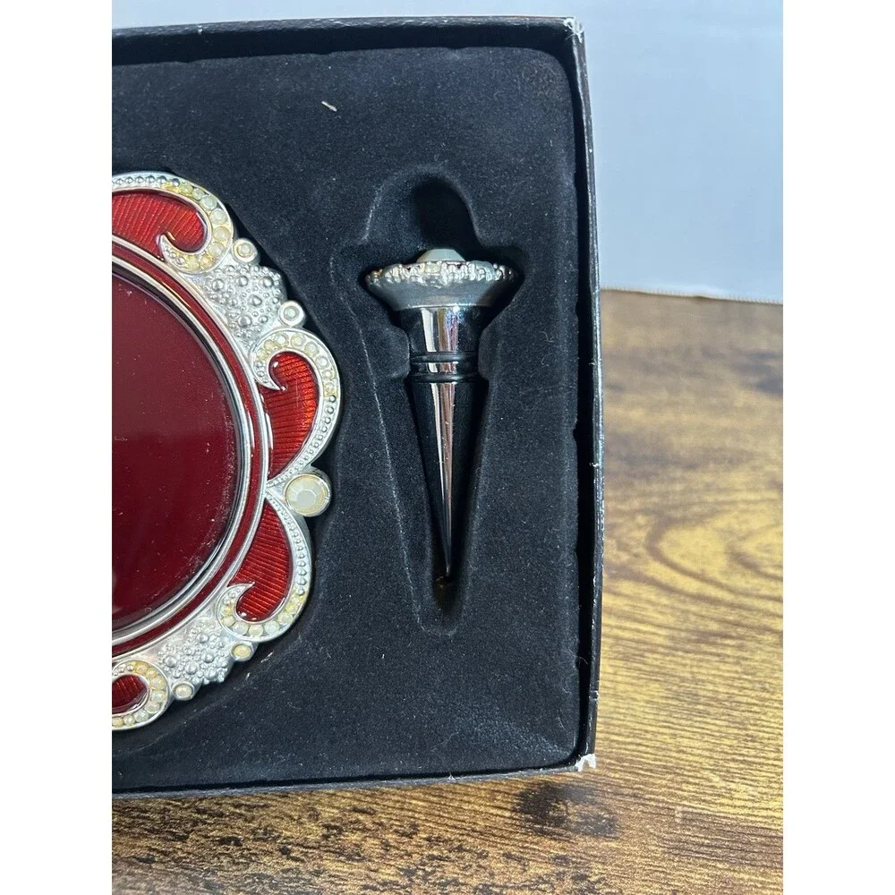 Bombay Scarlett Wine Coaster & Bottle Stopper Set Red Enamel Silver Tone Gift